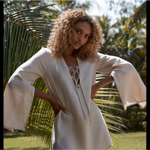 Monday Swimwear Sand Colored Linen Laceup Tunic Minidress. - Picture 1 of 5